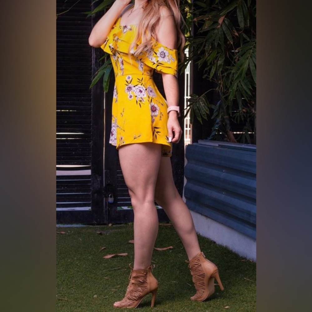 Iris Yellow and Pink Ruffled Strap Short Romper